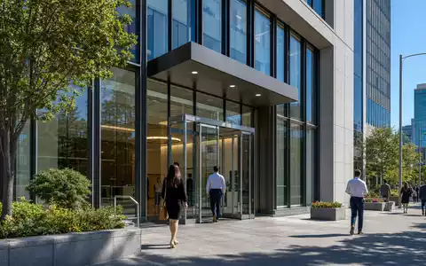 Fifth Third Bancorp US3167731005 modernes Bankgebäude mit Glasfassade und Kunden im urbanen Finanzviertel - Foto: THN