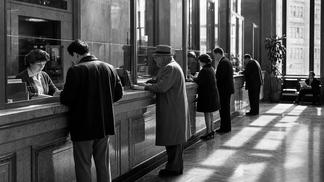 Schwarzweiß-Reportage an historischem Bankschalter, Kunden und Angestellte, Fifth Third Bancorp