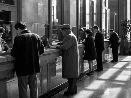 Fifth Third Bancorp US3167731005 dokumentarische Schwarzweiß-Reportage am klassischen Bankschalter mit wartenden Kunden - Foto: THN