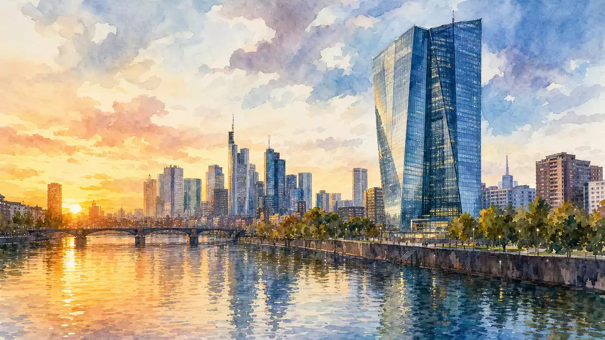 Aquarell einer Stadtsilhouette mit Bankgebäude am Fluss, goldenes Abendlicht, Fifth Third Bancorp