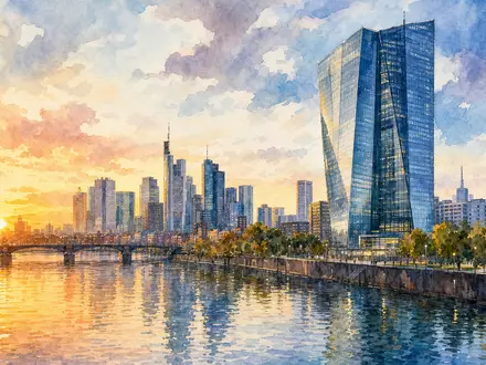 Fifth Third Bancorp US3167731005 Aquarell der Stadtsilhouette mit Bankzentrale am Flussufer bei Sonnenuntergang - Foto: THN