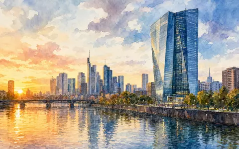 Fifth Third Bancorp US3167731005 Aquarell der Stadtsilhouette mit Bankzentrale am Flussufer bei Sonnenuntergang - Foto: THN