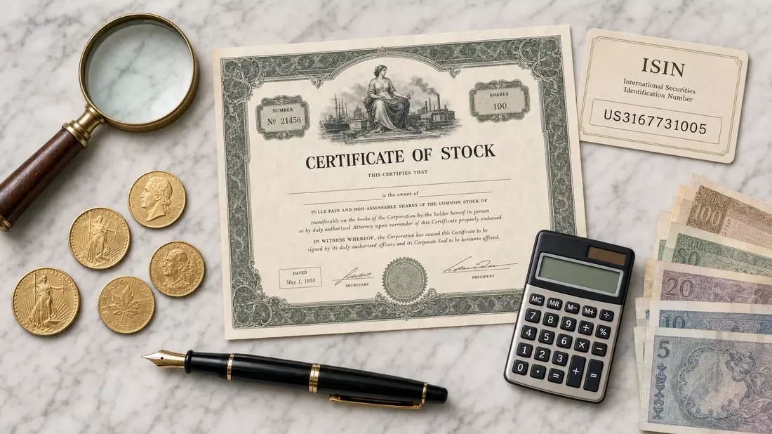 Flatlay auf Marmor: Aktienzertifikat, ISIN-Karte US3167731005, Goldmünzen, Füllfederhalter, Fifth Third Bancorp