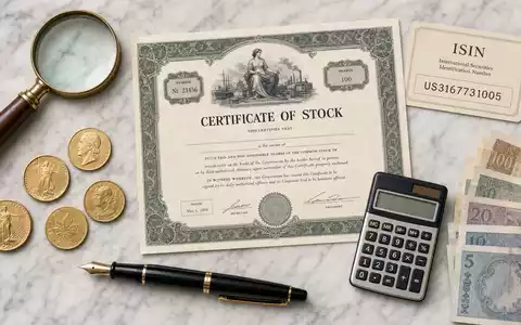 Fifth Third Bancorp US3167731005 Flatlay mit Aktienzertifikat ISIN-Karte Münzen und Füllfederhalter auf Marmor - Foto: THN