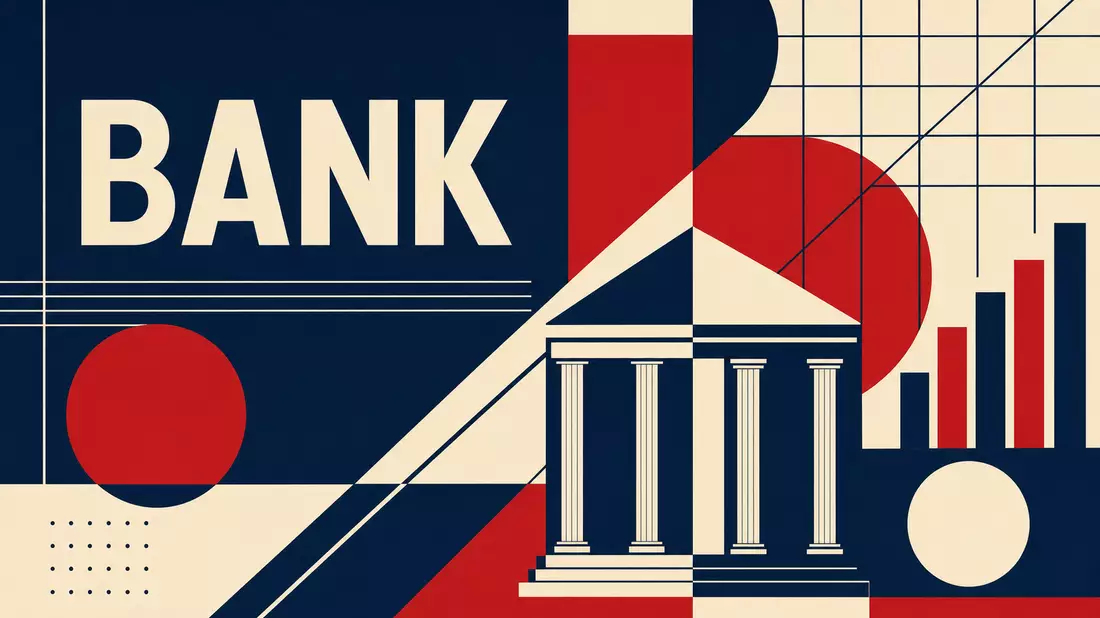 Bauhaus-Poster mit Text BANK, geometrische Formen in Marineblau Rot Creme, Fifth Third Bancorp