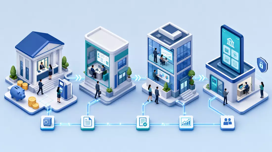 Isometrische 3D-Illustration der Bank-Wertschöpfungskette in Blau und Teal, Fifth Third Bancorp
