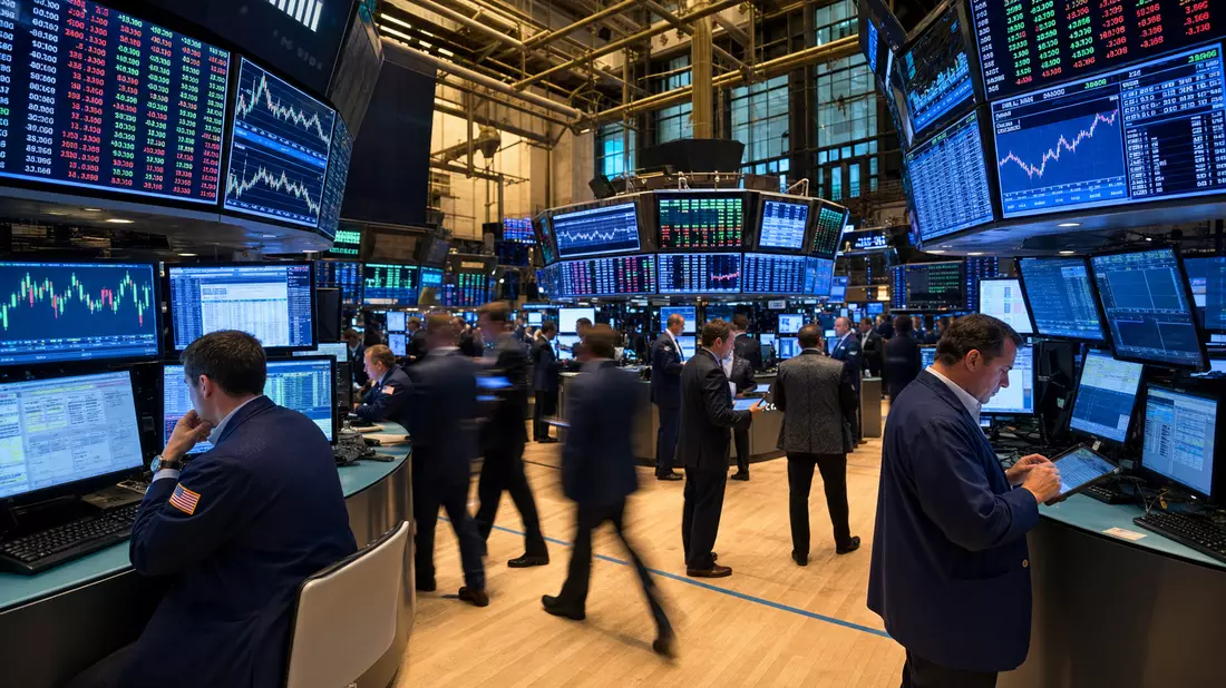 Lebhafter NYSE-Börsenparkett mit Tradern, Kursscreens und Banksektor-Charts, Fifth Third Bancorp