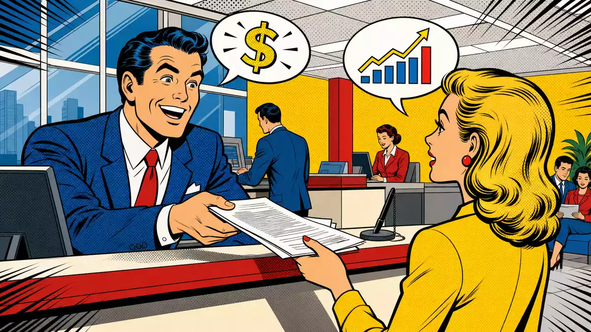 Pop-Art-Comic in Rot Gelb Blau mit Bankberater und Kundin, Sprechblasen, Fifth Third Bancorp