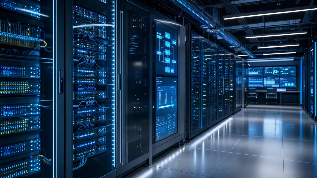 Fotorealistisches Rechenzentrum mit leuchtenden Serverracks für Finanztechnologie-Verarbeitung