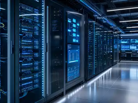 Fidelity National Info US31620M1062 zeigt ein modernes Rechenzentrum mit leuchtenden Servern und digitalen Finanzdaten - Foto: THN