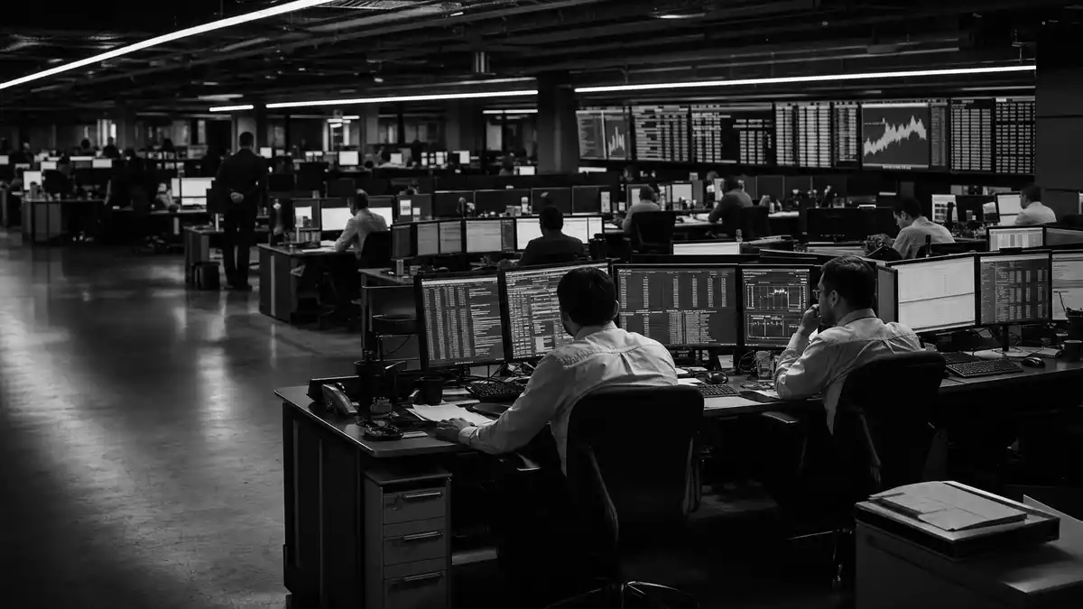 Schwarz-Weiß-Reportagefoto eines Fintech-Operationszentrums mit Analysten an Monitoring-Workstations