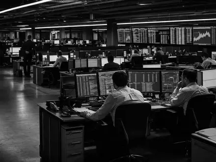 Fidelity National Info US31620M1062 in einer dokumentarischen Schwarz Weiß Aufnahme eines belebten Fintech Operationszentrums - Foto: THN