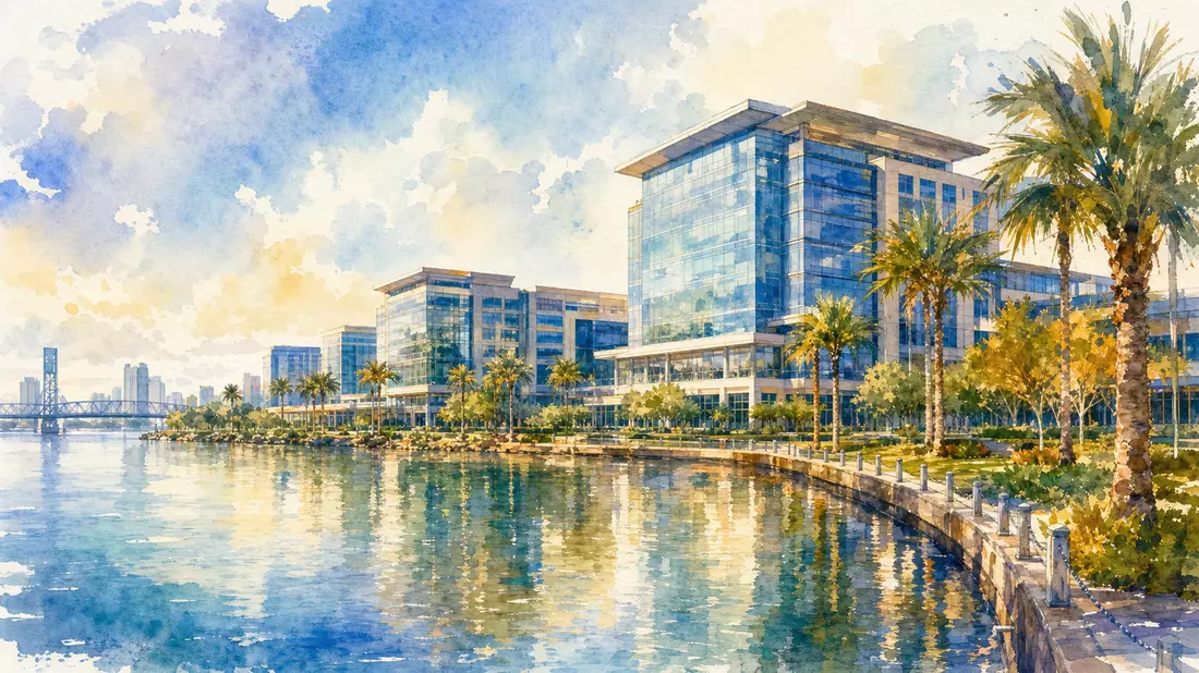 Impressionistisches Aquarell des Firmensitzes in Jacksonville mit Glasfassaden und Palmen am Fluss