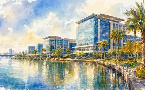 Fidelity National Info US31620M1062 als Aquarell Illustration des Firmensitzes in Jacksonville direkt am Fluss - Foto: THN