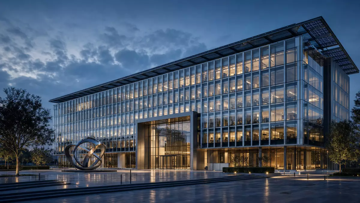 Architektonisches CGI-Render eines gläsernen Unternehmensgebäudes mit Skulptur in der Abenddämmerung
