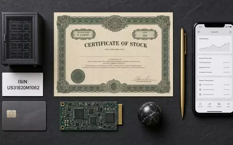Fidelity National Info US31620M1062 als Flatlay mit Aktienzertifikat ISIN Karte Chip und Fintech Objekten - Foto: THN
