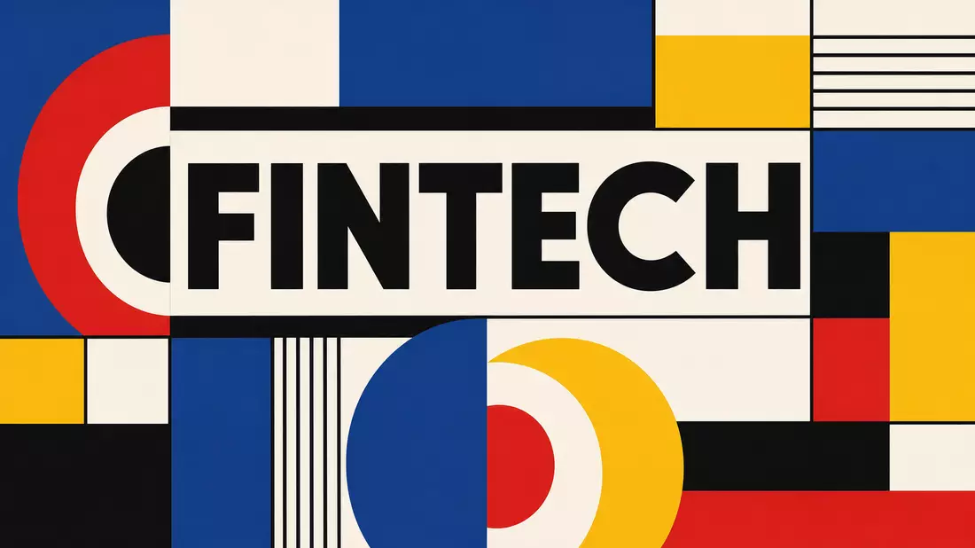 Bauhaus-Grafikposter mit geometrischen Primärfarben und dem Wort FINTECH in großen Großbuchstaben