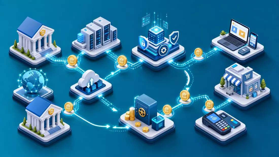 Isometrische 3D-Illustration der Fintech-Wertschöpfungskette mit Banken, Servern und Zahlungsströmen