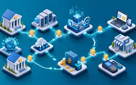 Fidelity National Info US31620M1062 als isometrische 3D Darstellung der Fintech Wertschoepfungskette mit Banken und Datenstroemen - Foto: THN