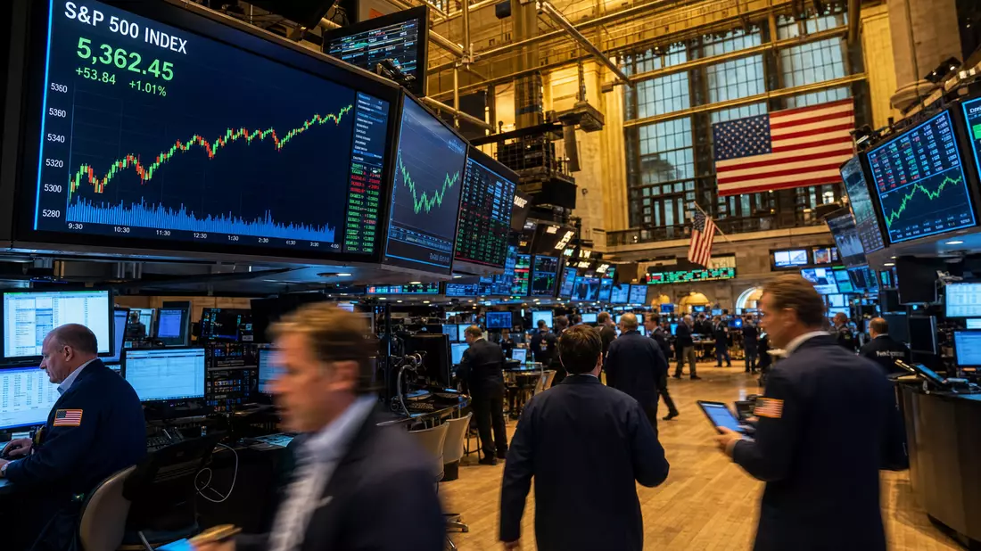 Redaktionsfoto des NYSE-Handelsraums mit S&P 500 Index-Screens, Händlern und amerikanischen Flaggen