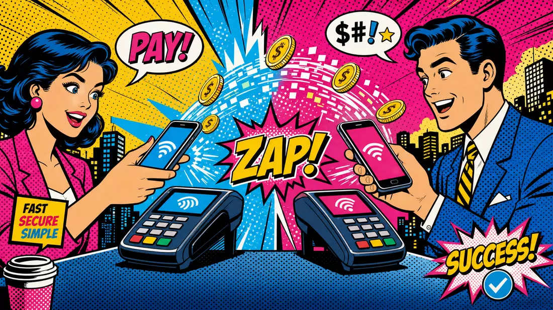 Farbiger Pop-Art-Comic mit Figuren bei digitalen Smartphone-Zahlungen an Zahlungsterminals