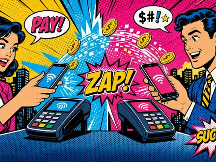 Fidelity National Info US31620M1062 als bunter Pop Art Comic mit digitalen Zahlungen und Halbtonpunkt Mustern - Foto: THN