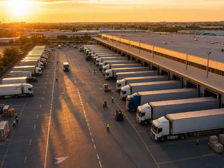FedEx Corp. Logistikzentrum mit Lkw-Reihen und Verladedocks bei goldenem Sonnenuntergang US31428X1063 Aktie - Foto: THN