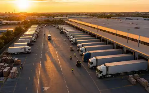 FedEx Corp. Logistikzentrum mit Lkw-Reihen und Verladedocks bei goldenem Sonnenuntergang US31428X1063 Aktie - Foto: THN
