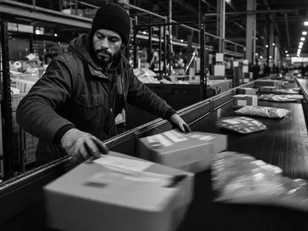 FedEx Corp. Mitarbeiter sortiert Pakete auf Förderband US31428X1063 in dokumentarischer Schwarz Weiß Reportage - Foto: THN