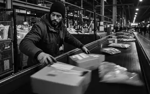 FedEx Corp. Mitarbeiter sortiert Pakete auf Förderband US31428X1063 in dokumentarischer Schwarz Weiß Reportage - Foto: THN