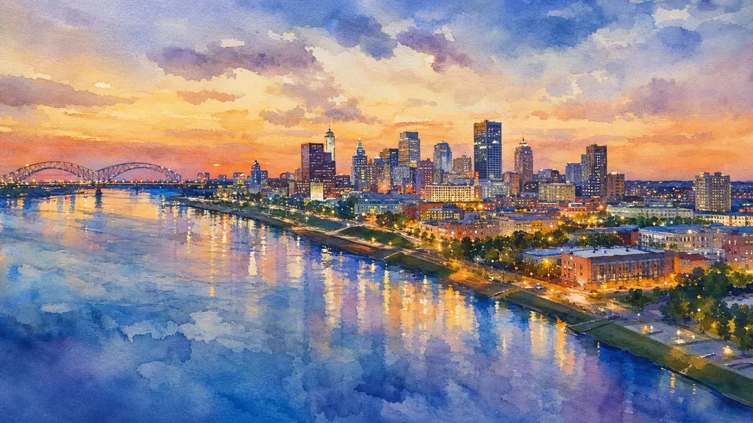 Aquarellgemälde der Memphis-Skyline mit Mississippi-Fluss bei Abenddämmerung