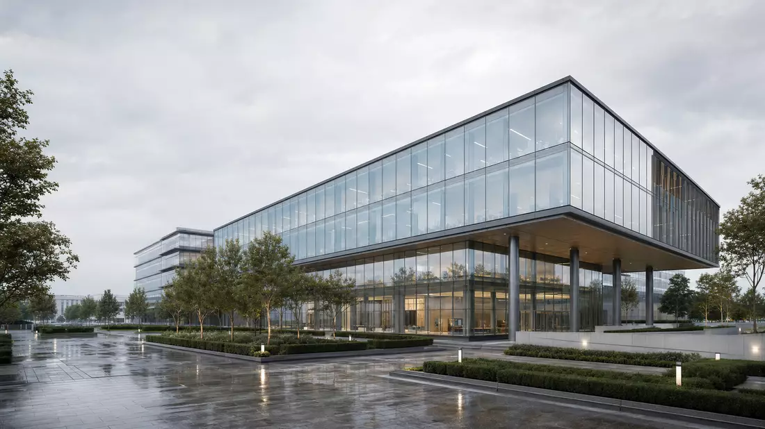 CGI-Render eines modernen Glasgebäudes als Logistik-Konzernzentrale