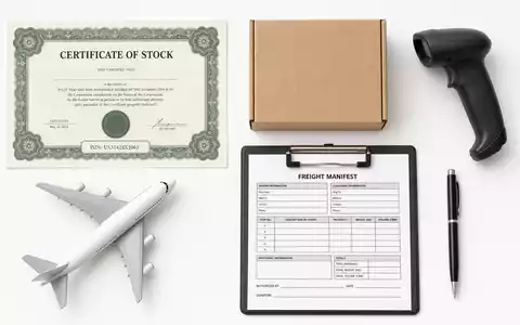 FedEx Corp. Flatlay US31428X1063 mit Aktien Zertifikat kleiner Kartonbox Barcodescanner Frachtmanifest und Stift - Foto: THN