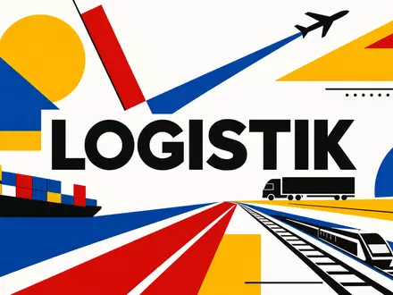 FedEx Corp. Logistiksektor US31428X1063 als geometrisches Bauhaus-Poster in PrimĂ€rfarben mit groĂem LOGISTIK-Schriftzug - Foto: THN