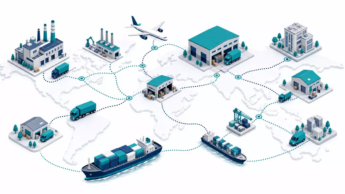 Isometrische 3D-Illustration globaler Lieferkette mit Fabriken, Schiffen, Flugzeugen