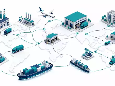 FedEx Corp. globale Lieferkette US31428X1063 als isometrisches 3D-Wertschöpfungsdiagramm mit Schiffen Flugzeugen und Lkw - Foto: THN