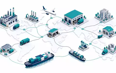 FedEx Corp. globale Lieferkette US31428X1063 als isometrisches 3D-Wertschöpfungsdiagramm mit Schiffen Flugzeugen und Lkw - Foto: THN