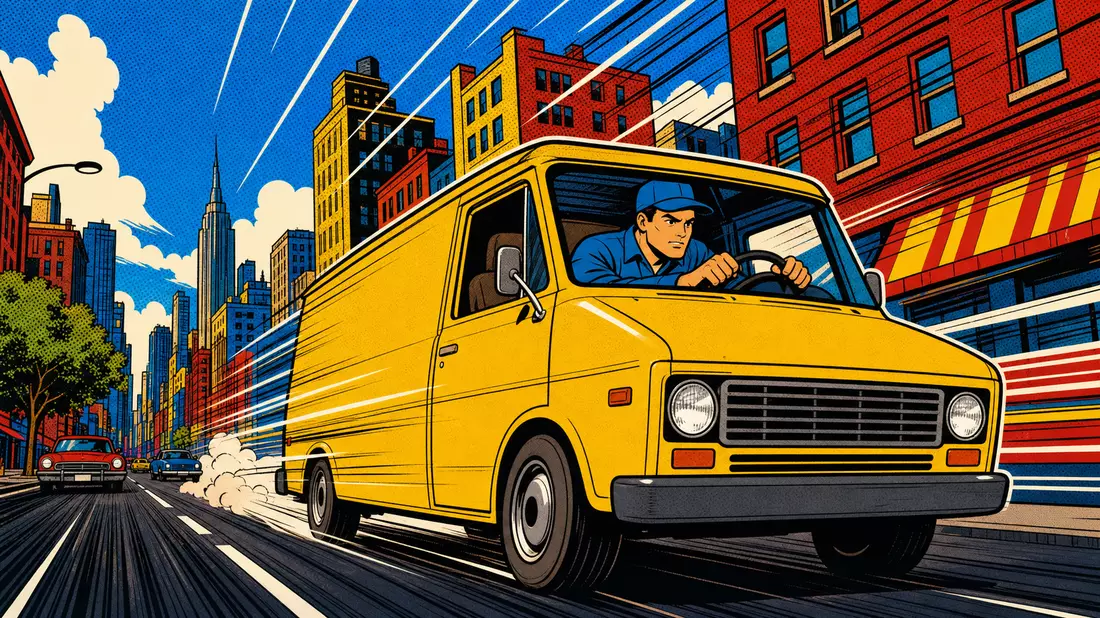 Pop-Art-Comic: Kurierfahrer im gelben Lieferwagen rast durch bunte amerikanische Stadt