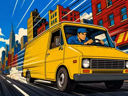 FedEx Corp. Pop-Art-Comic US31428X1063 zeigt Kurierfahrer im gelben Lieferwagen durch bunte amerikanische Stadt - Foto: THN