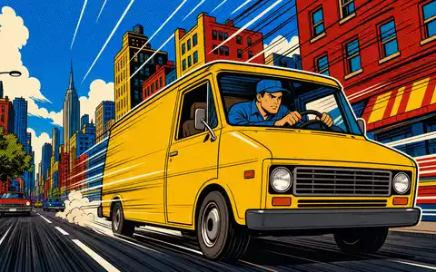 FedEx Corp. Pop-Art-Comic US31428X1063 zeigt Kurierfahrer im gelben Lieferwagen durch bunte amerikanische Stadt - Foto: THN