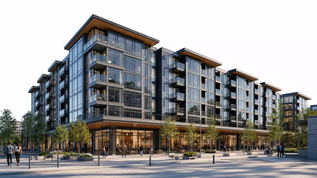 Architekturvisualisierung eines modernen Federal Realty Mixed-Use-Gebäudes mit Glasfassade