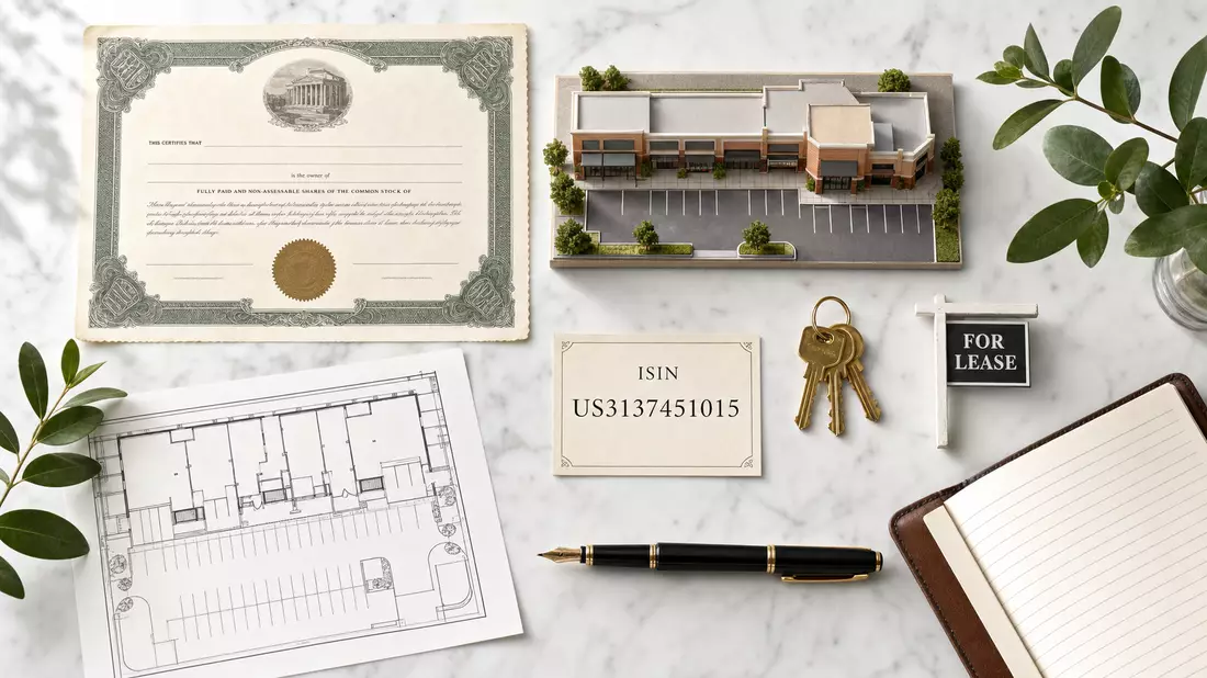 Flatlay mit Aktien-Zertifikat, ISIN-Karte US3137451015 und Immobilien-Objekten auf Marmor