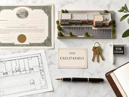 Federal Realty Aktien Zertifikat US3137451015 im Flatlay mit Immobilien Utensilien auf weißem Marmorgrund - Foto: THN