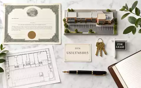 Federal Realty Aktien Zertifikat US3137451015 im Flatlay mit Immobilien Utensilien auf weißem Marmorgrund - Foto: THN