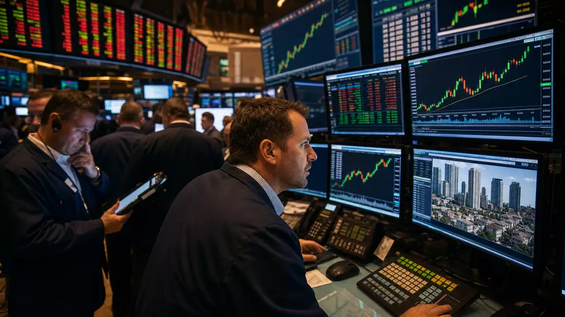 Redaktionelles Foto eines belebten NYSE-Handelsplatzes mit Federal Realty Sektor-Charts