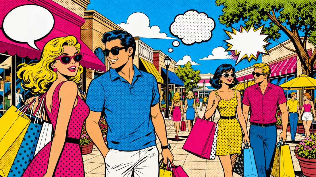 Pop-Art-Comic-Szene eines Federal Realty Einkaufszentrums mit Shoppern in kräftigen Farben