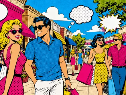 Federal Realty Einkaufszentrum US3137451015 als farbiger Pop Art Comic mit Halftone Muster und Shoppern - Foto: THN