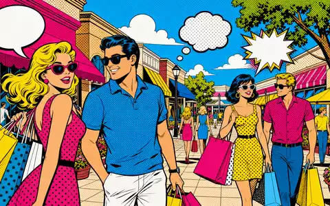 Federal Realty Einkaufszentrum US3137451015 als farbiger Pop Art Comic mit Halftone Muster und Shoppern - Foto: THN
