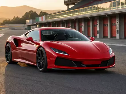 Ferrari N.V. NL0011585146: Roter Sportwagen auf sonnenbeschienem Rundkurs in der Toskana beim Sonnenuntergang - Foto: THN