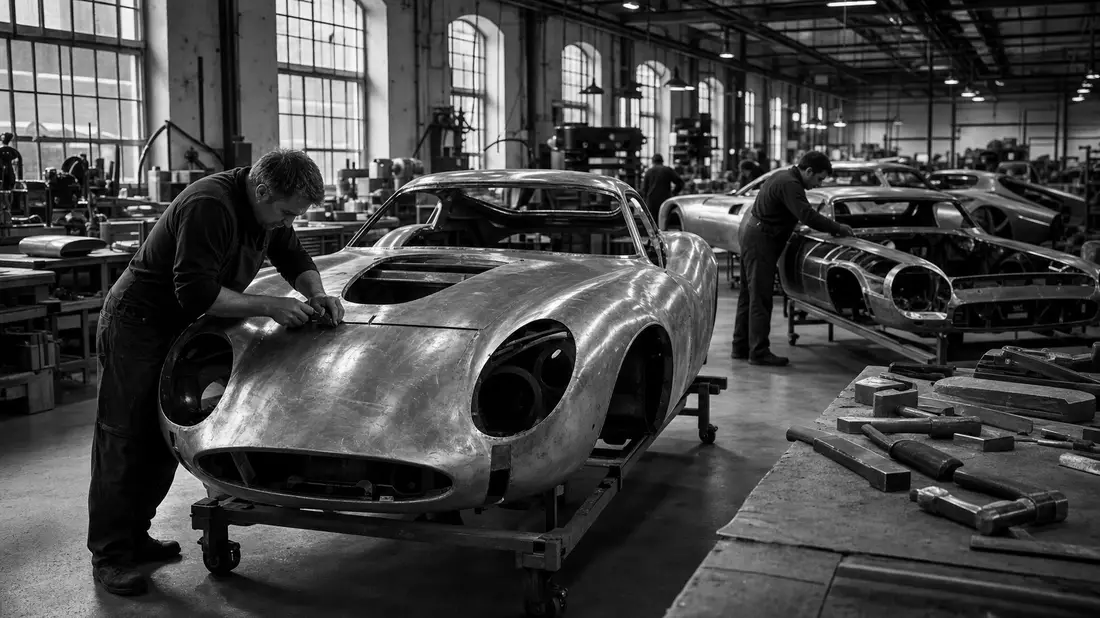 Schwarzweiß-Reportage: Karosseriebau in einer Luxussportwagen-Manufaktur, Ferrari N.V